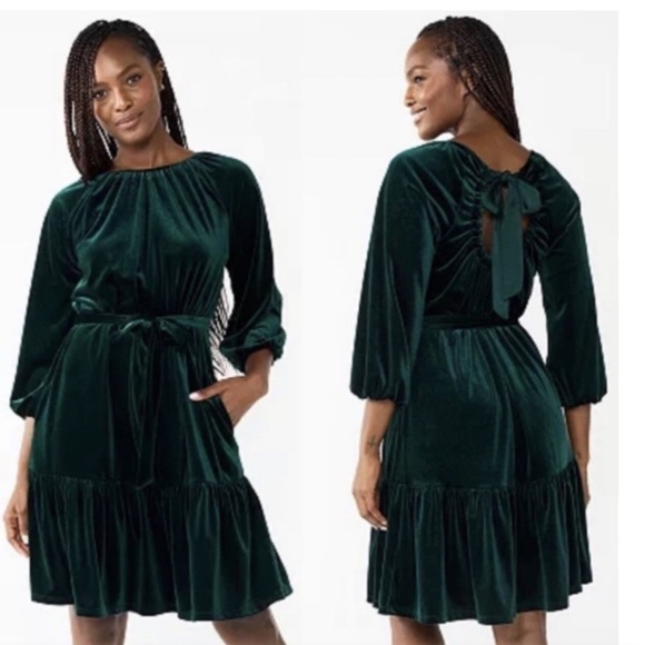 Draper James Womens Green Velvet Party Dress Midi Short Puff Sleeve Holiday XL - Picture 1 of 7